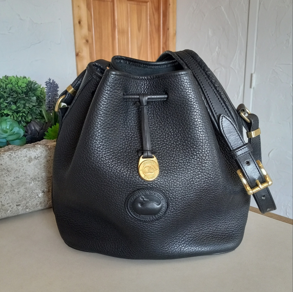 Dooney & Bourke Black Pebbled Leather Drawstring Bucket Bag